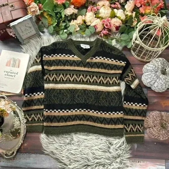 Vintage Kathy Ireland V-Neck Fair Isle Knit Sweater Cozy Cottagecore, M - Picture 2 of 8